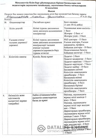 12-қосымшаға сәйкес нысан бойынша педагогтің бос немесе уақытша бос лауазымына кандидаттың толтырылған бағалау парағы