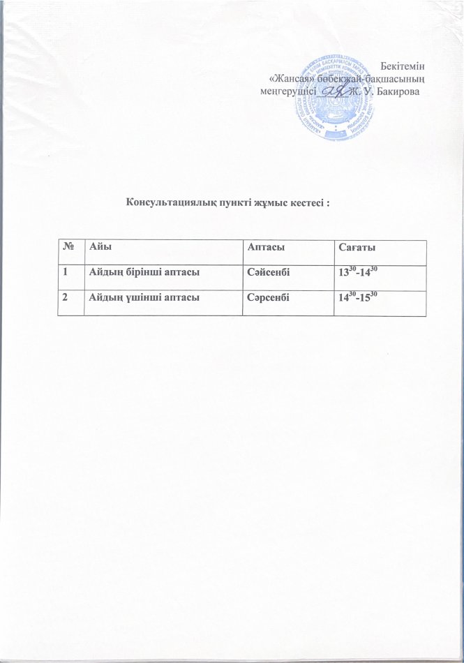 Консультациялық пункті жұмыс кестесі